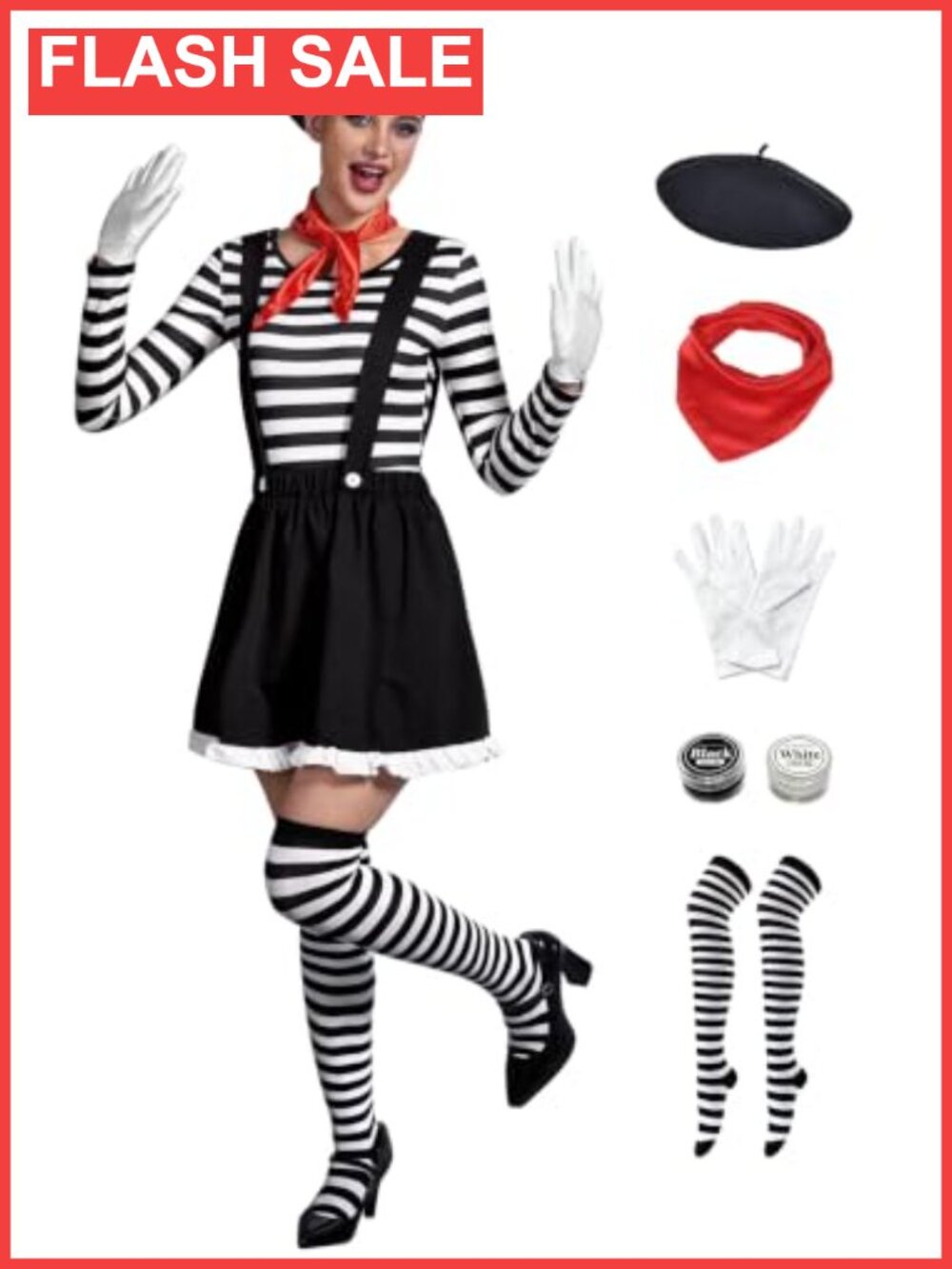 Women's Halloween French Mime Cosplay Costume 7-Piece Set Stripe Top